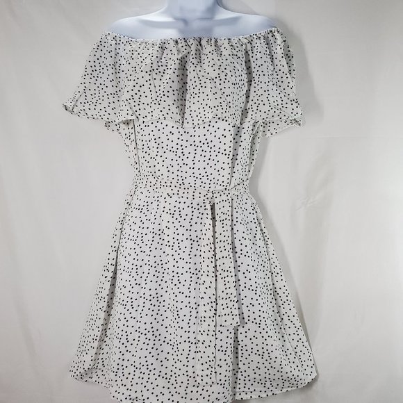 Off Shoulder Belted Polka Dot Dress - Picture 1 of 5